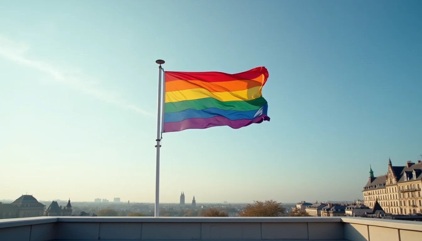 grand drapeau arc-en-ciel flottant sur un toit dans le ciel matinal a Dijon