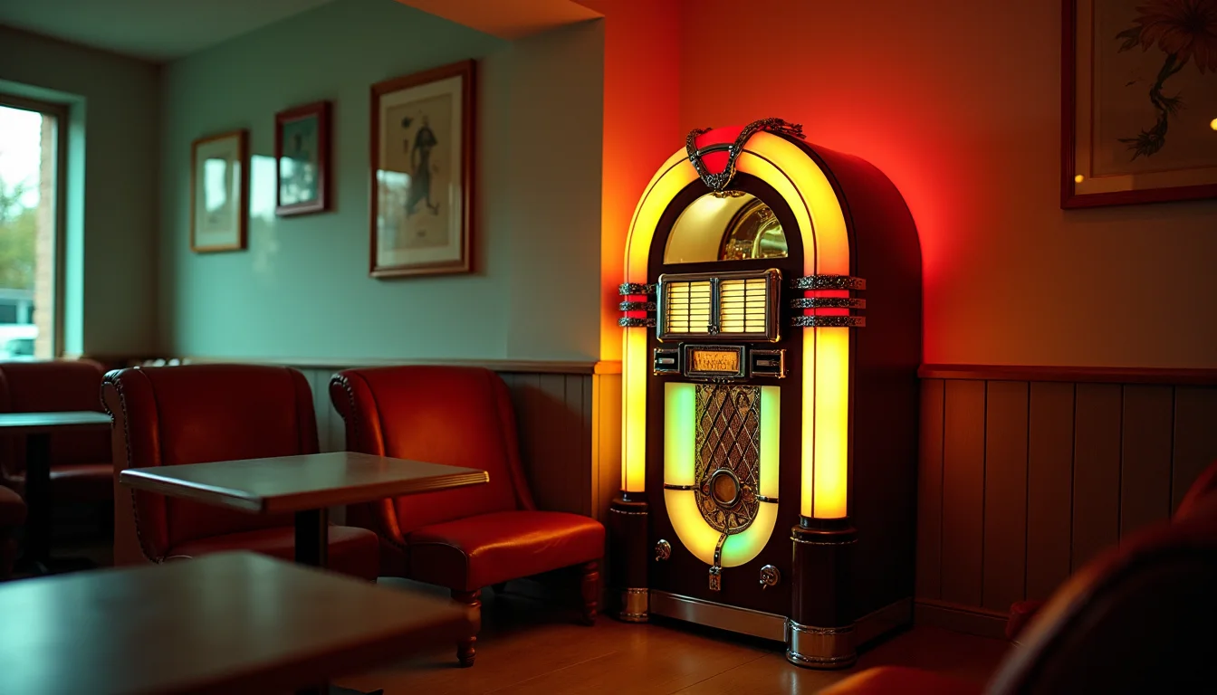 juke-box vintage à arc chromé, panneaux colorés dans un coin tamisé a Dijon