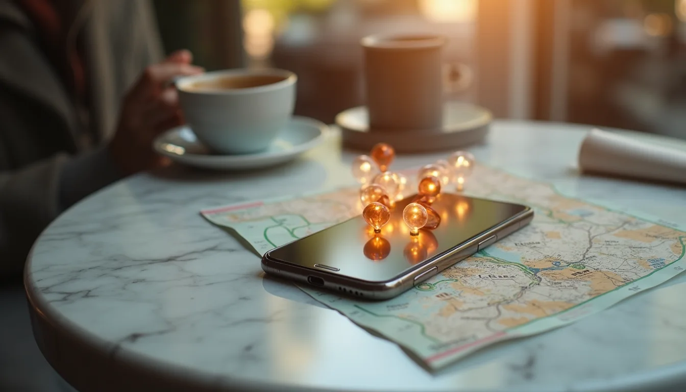 smartphone aux épingles de carte sur une table de café ensoleillée a Dijon