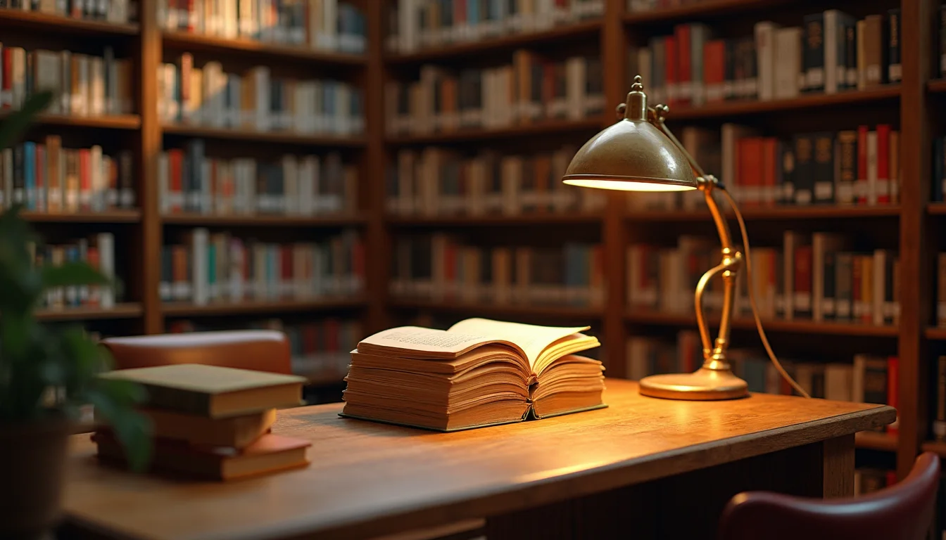 coin lecture de bibliothèque, livres empilés et lampe en laiton sur étagère de chêne a Dijon