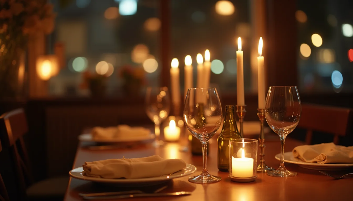 dîner aux chandelles pour deux, bougies effilées et bokeh a Dijon