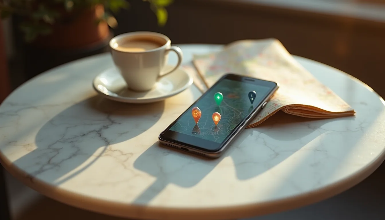 smartphone aux épingles de carte sur une table de café ensoleillée a Dijon
