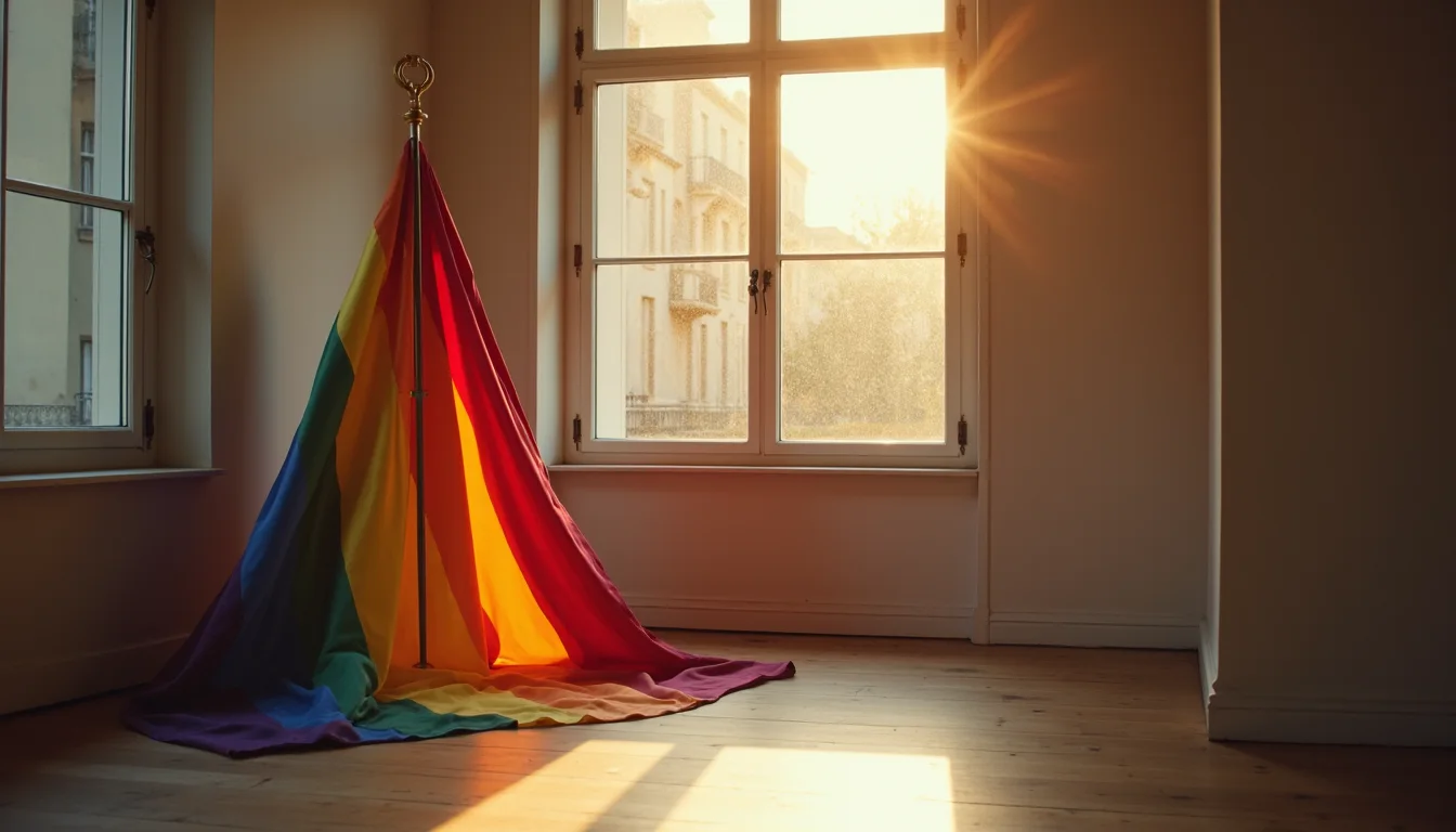 drapeau arc-en-ciel enroulé autour de sa hampe dans un angle, lumière dorée a Dijon