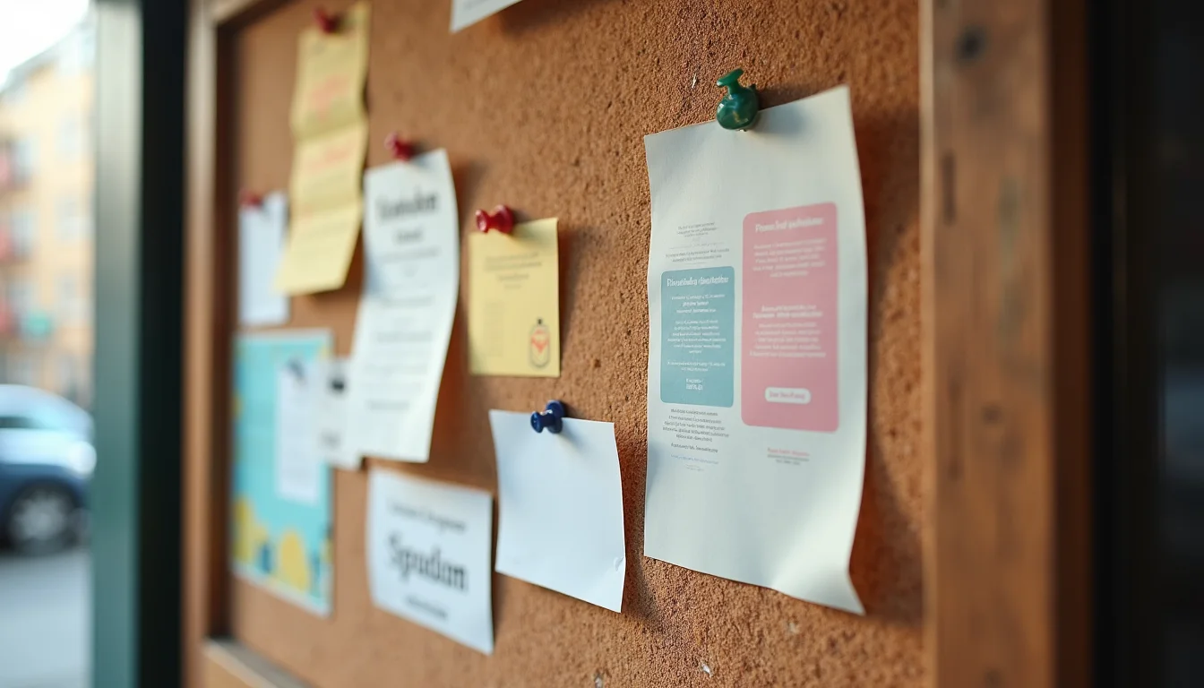 panneau d affichage de centre communautaire couvert de flyers a Dijon
