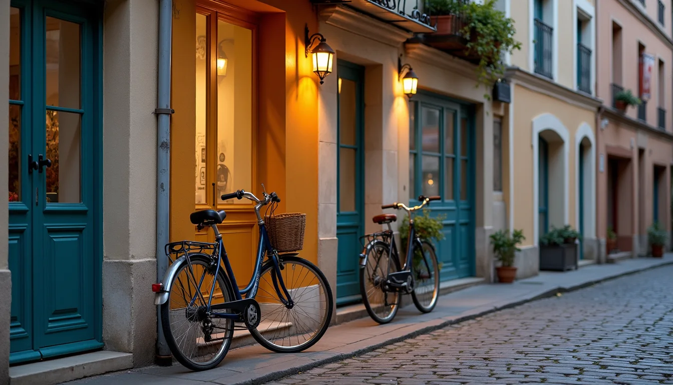 deux vélos vintage contre une façade colorée, rue pavée au crépuscule a Dijon