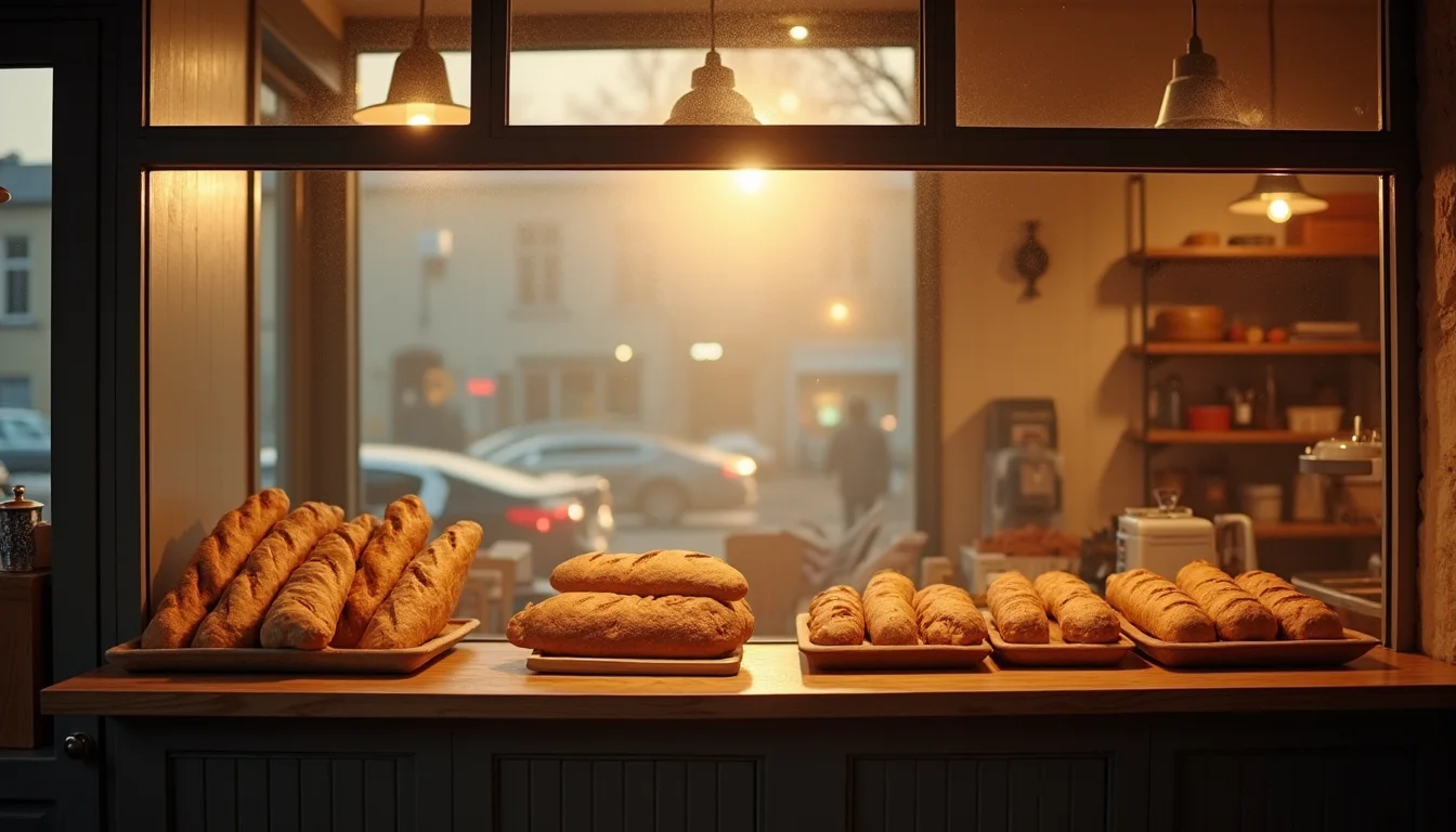 comptoir de boulangerie artisanale aux pains dores, lueur a l aube a Dijon