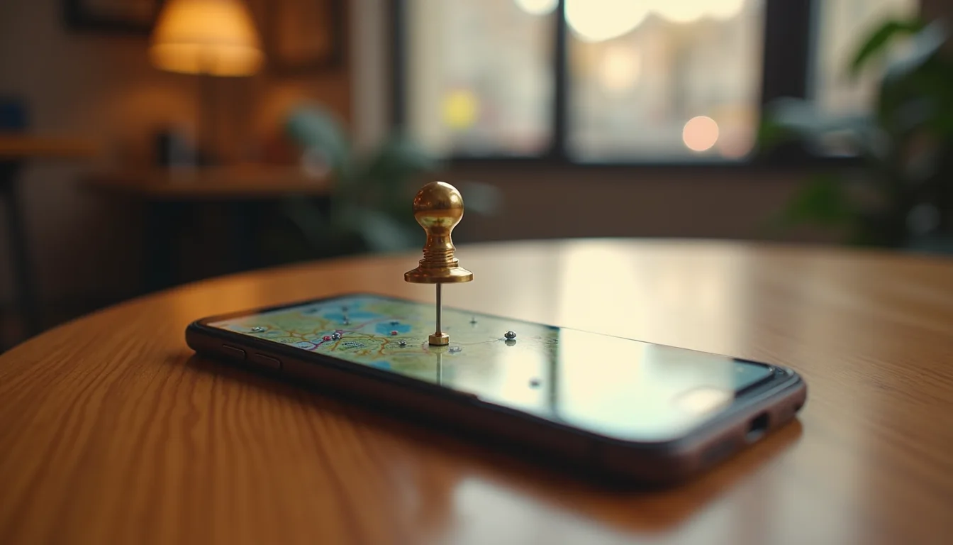 épingle de carte en laiton sur un smartphone aux épingles de carte, table de café a Dijon