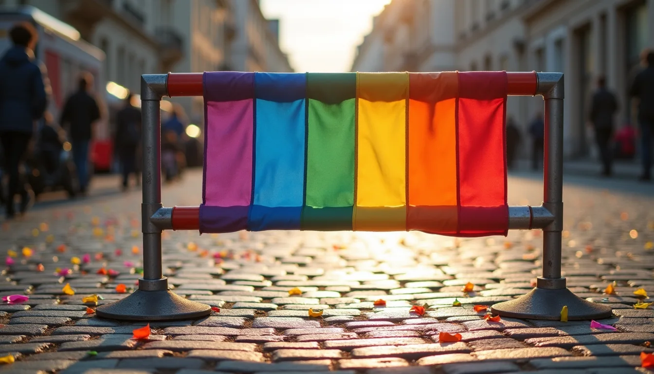drapeau arc-en-ciel sur une barrière de parade, confettis au sol a Dijon