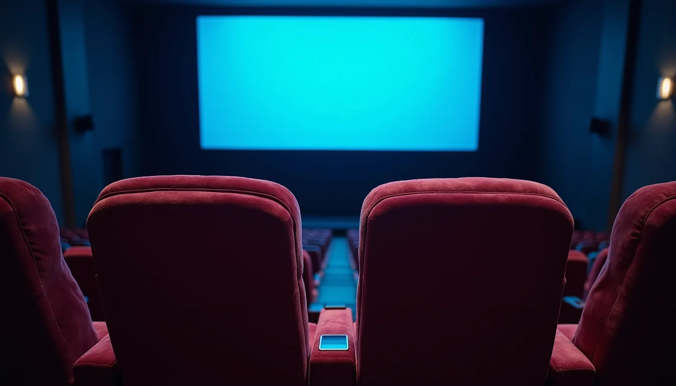 deux fauteuils de cinéma en velours face à la lueur bleue de l'écran a Dijon