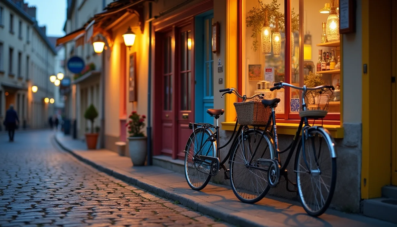 deux vélos vintage contre une façade colorée, rue pavée au crépuscule a Dijon