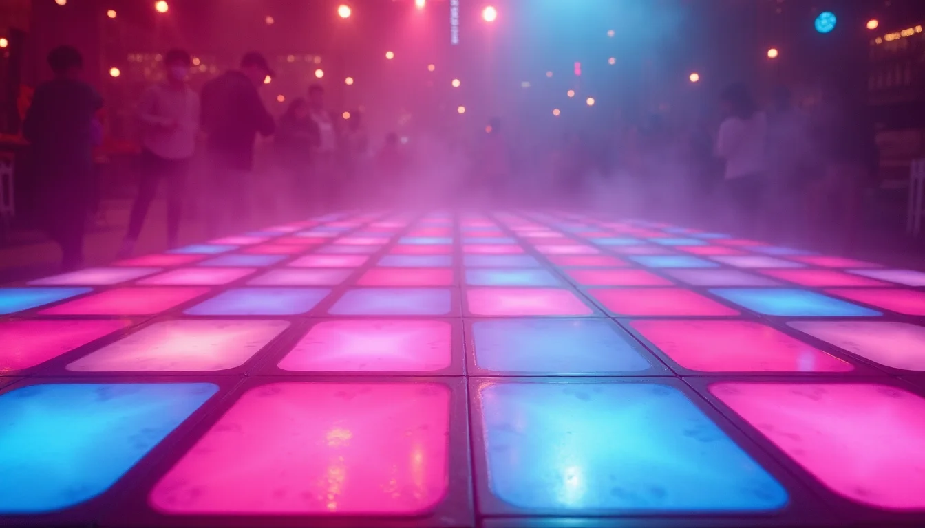 piste de danse au néon, carrés réfléchissants magenta et cyan a Dijon