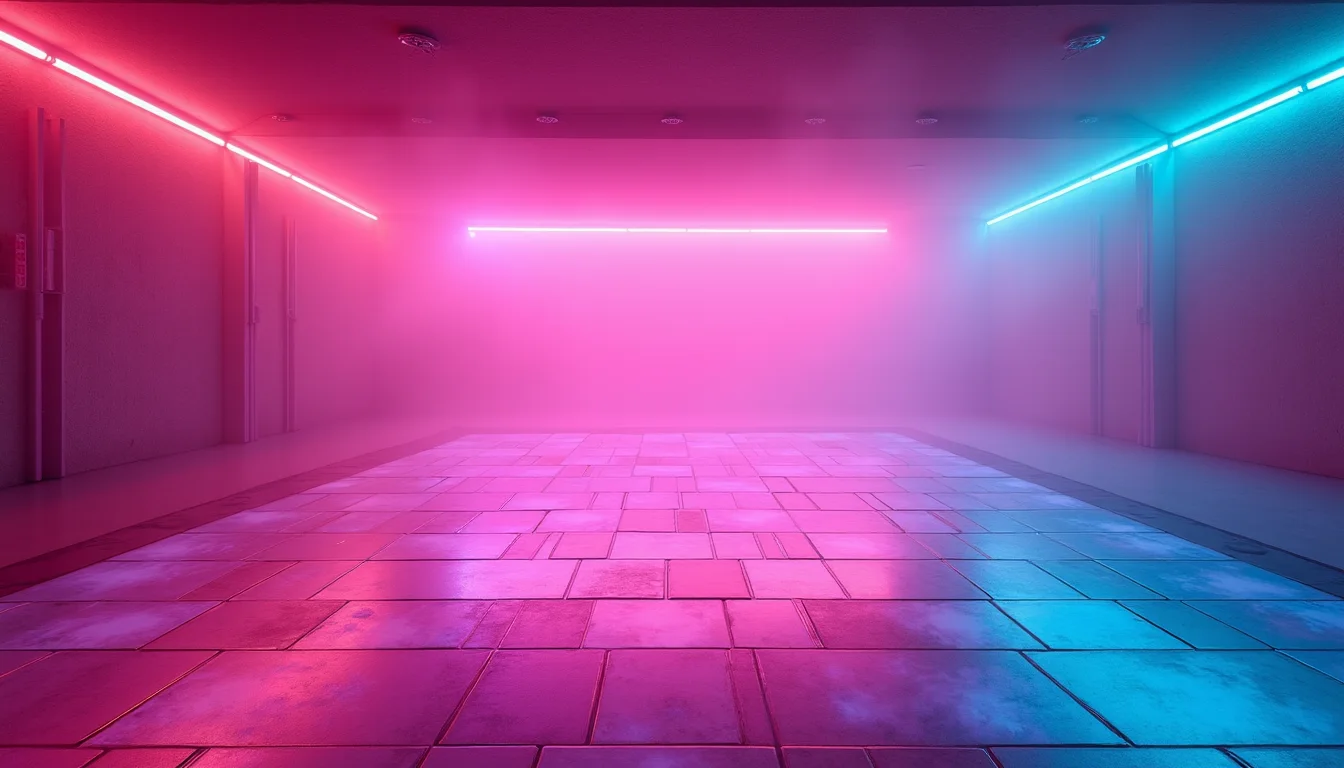 piste de danse au néon, carrés réfléchissants magenta et cyan a Dijon